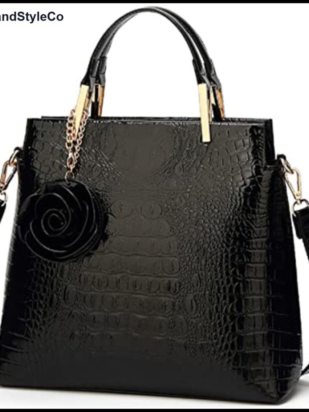 Crocodile Embossed Patent Leather Satchel Tote Handbag with Flower Charm